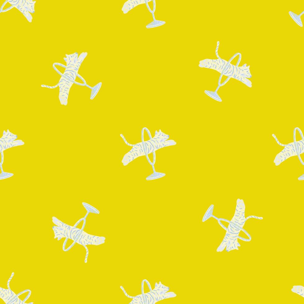 Bright abstract animal seamless pattern with circus tiger white silhouettes. Bright yellow background. vector