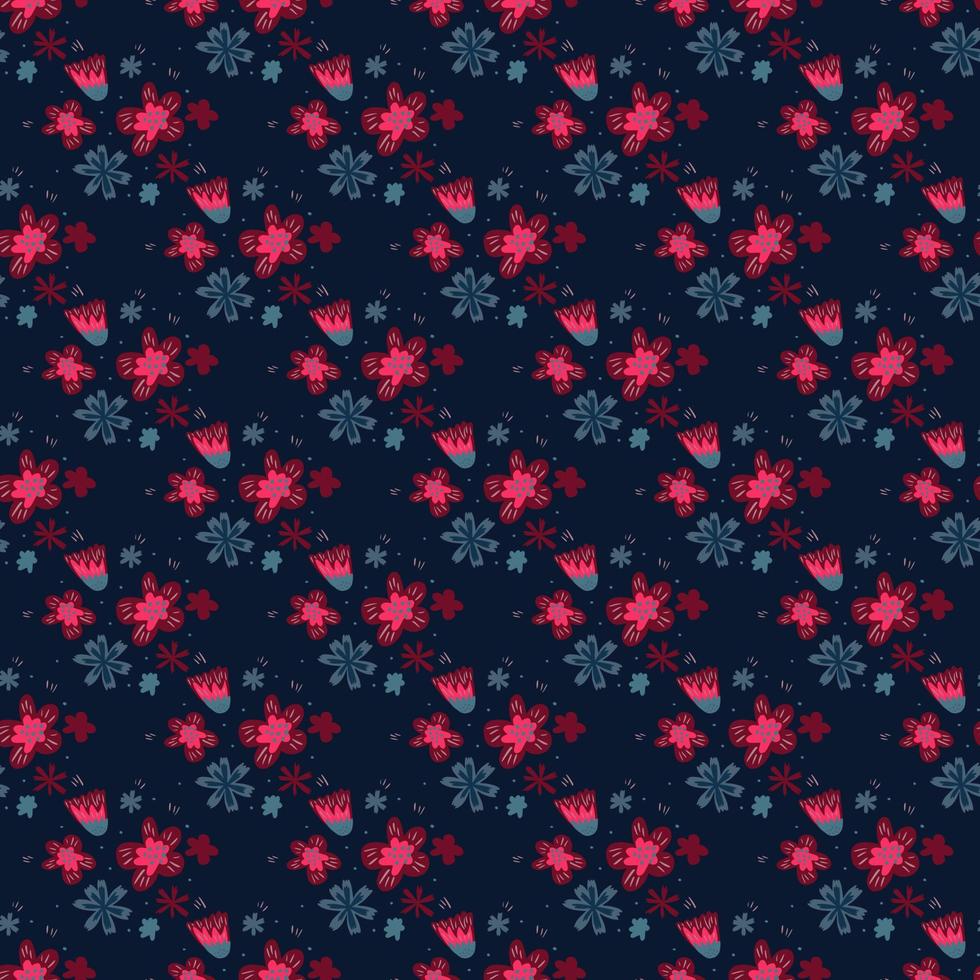 Abstract doodle folk seamless pattern with flowers pink shapes on navy blue background. vector