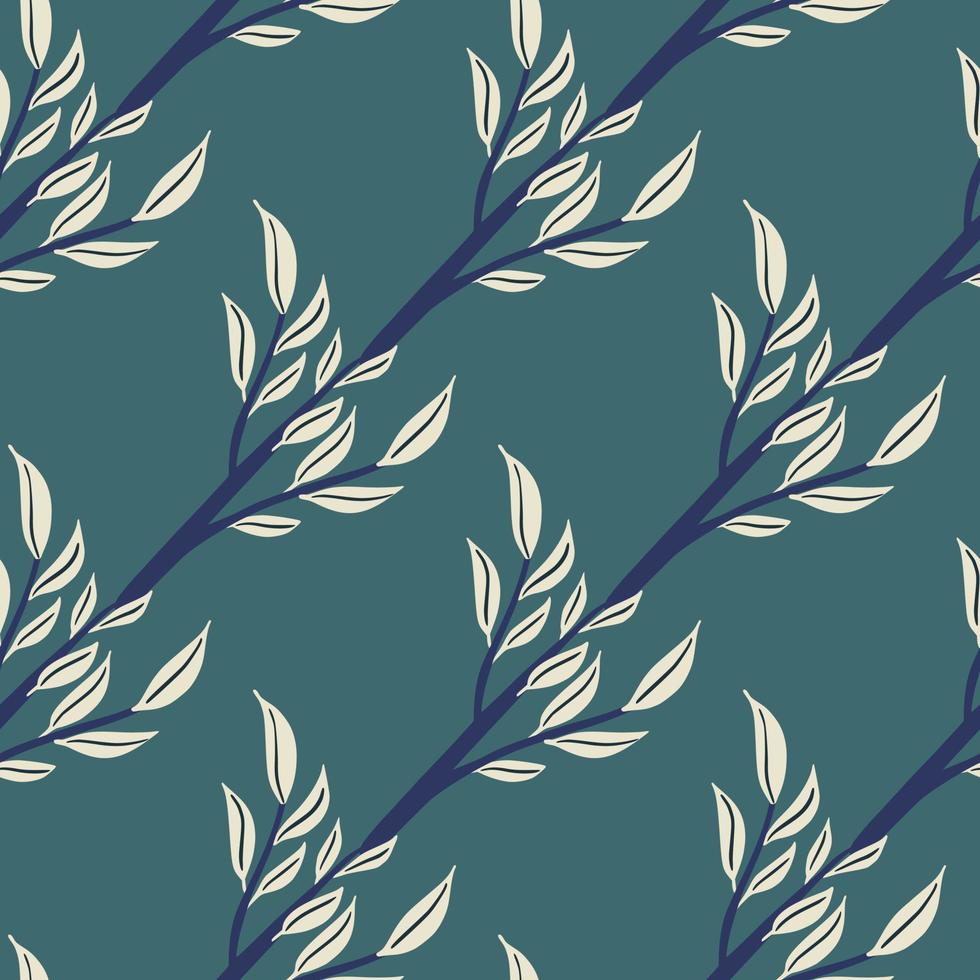 Nature floral seamless pattern with light contoured leaves branches print. Blue pastel background. vector