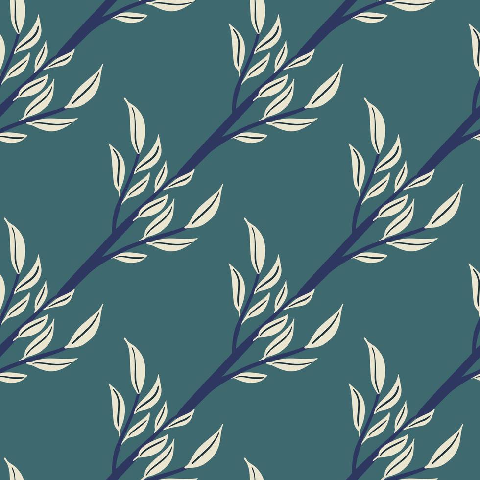 Nature floral seamless pattern with light contoured leaves branches print. Blue pastel background. vector