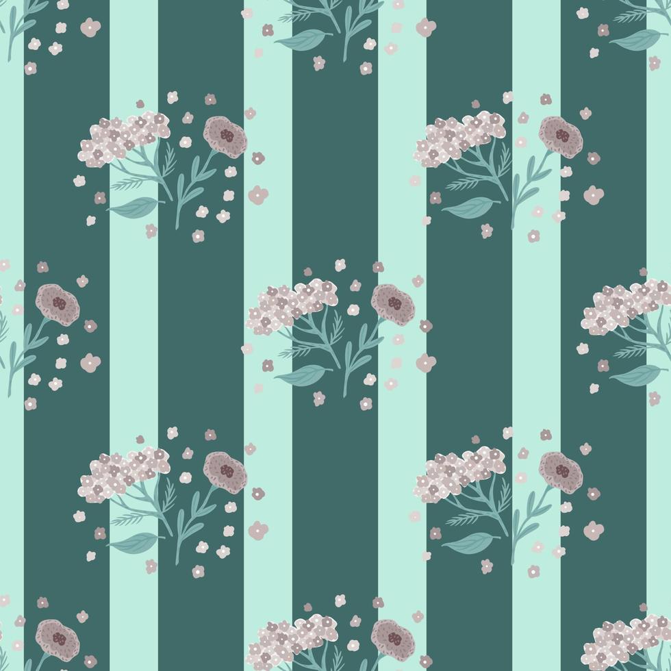 Doodle seamless cartoon pattern with pink pale flowers elements. Turquoise striped background. vector