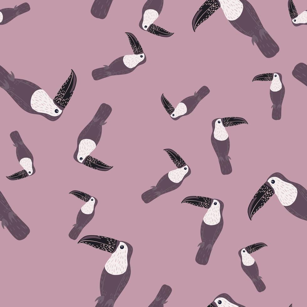 Random seamless funny kids pattern with zoo toucan bird ornament. Pastel purple palette. Exotic animal print. vector