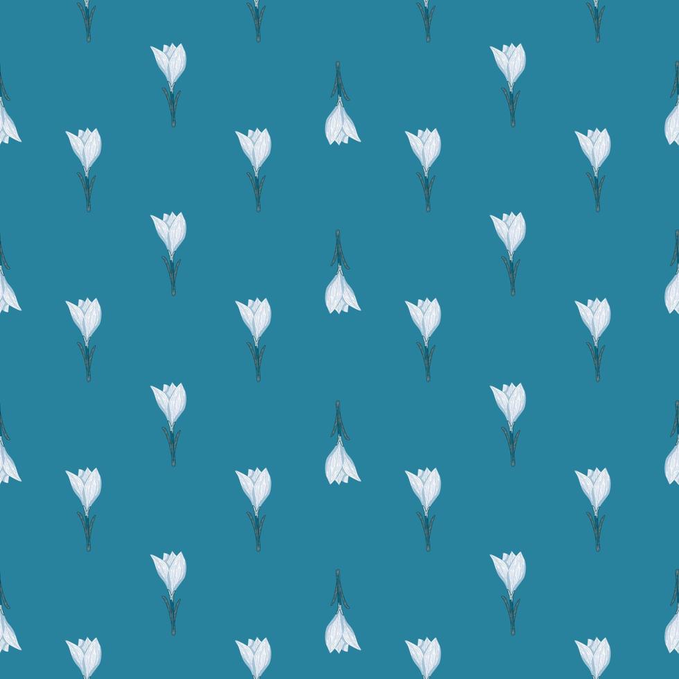 Ditsy seamless doodle pattern with light little crocus flower shapes. Turquoise background. Simple style. vector