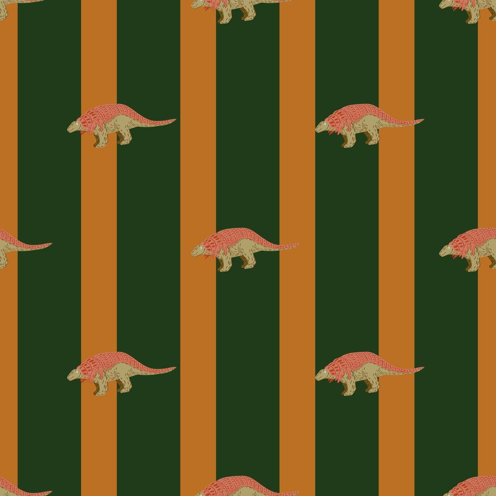 patrón animal impecable con adorno de garabato de dinosaurio. fondo rayado verde y naranja. estilo de dibujos animados vector