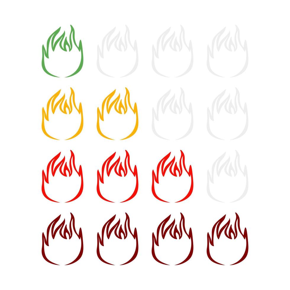 Indicador de calor picante en aumento aislado sobre fondo blanco. pegatina de fuego para restaurante de menú en estilo plano. vector