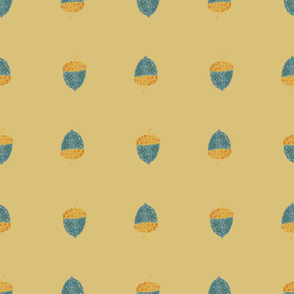 Decorative seamless doodle pattern with nature acorn blue shapes. Yellow pale background. vector