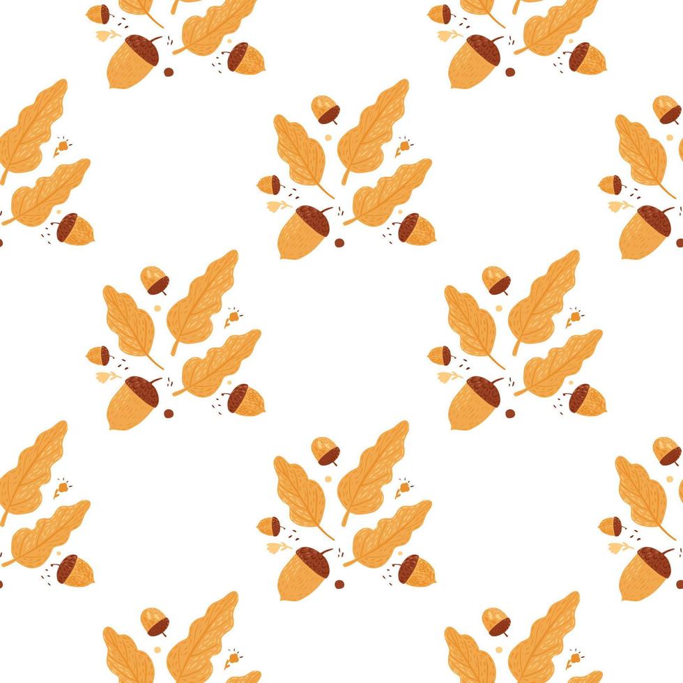 Autumn ornament seamless isolated pattern with orange fall leaves and acorns. White background. vector