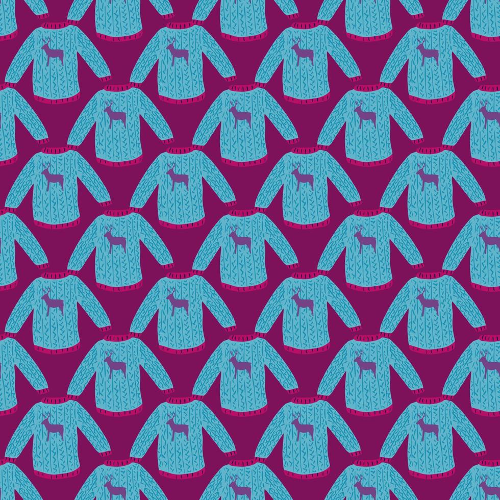 Bight blue pullover seamless doodle pattern in winter cozy style on purple background. vector