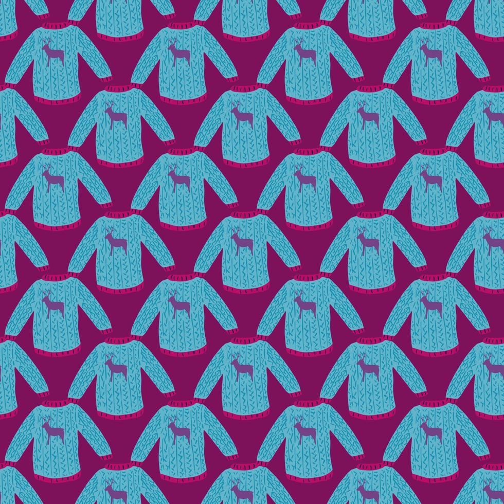 Bight blue pullover seamless doodle pattern in winter cozy style on purple background. vector