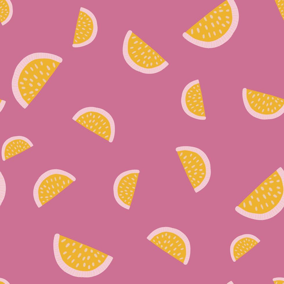 Organic vitamin seamless pattern with yellow random lemon slices shapes. Pink background. Doodle print. vector