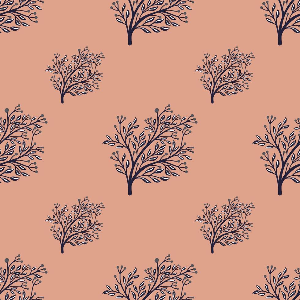 Navy blue forest tree silhouettes seamless doodle pattern. Pink background. Floral minimalistic style backdrop. vector