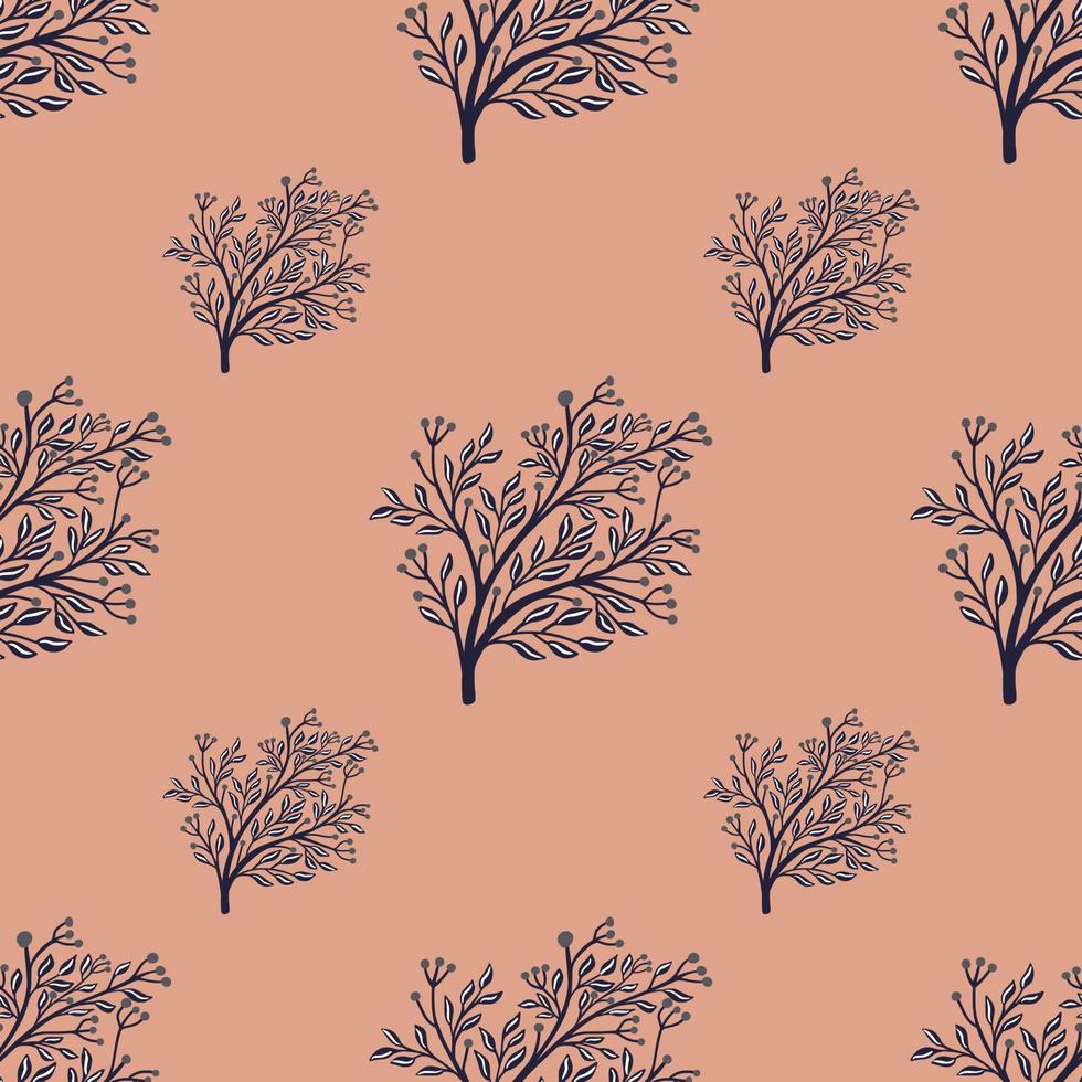 Navy blue forest tree silhouettes seamless doodle pattern. Pink background. Floral minimalistic style backdrop. vector