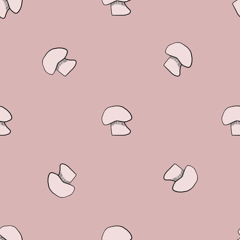 Minimalistic style autumn seamless pattern with doodle champignon shapes. Pink pastel background. vector