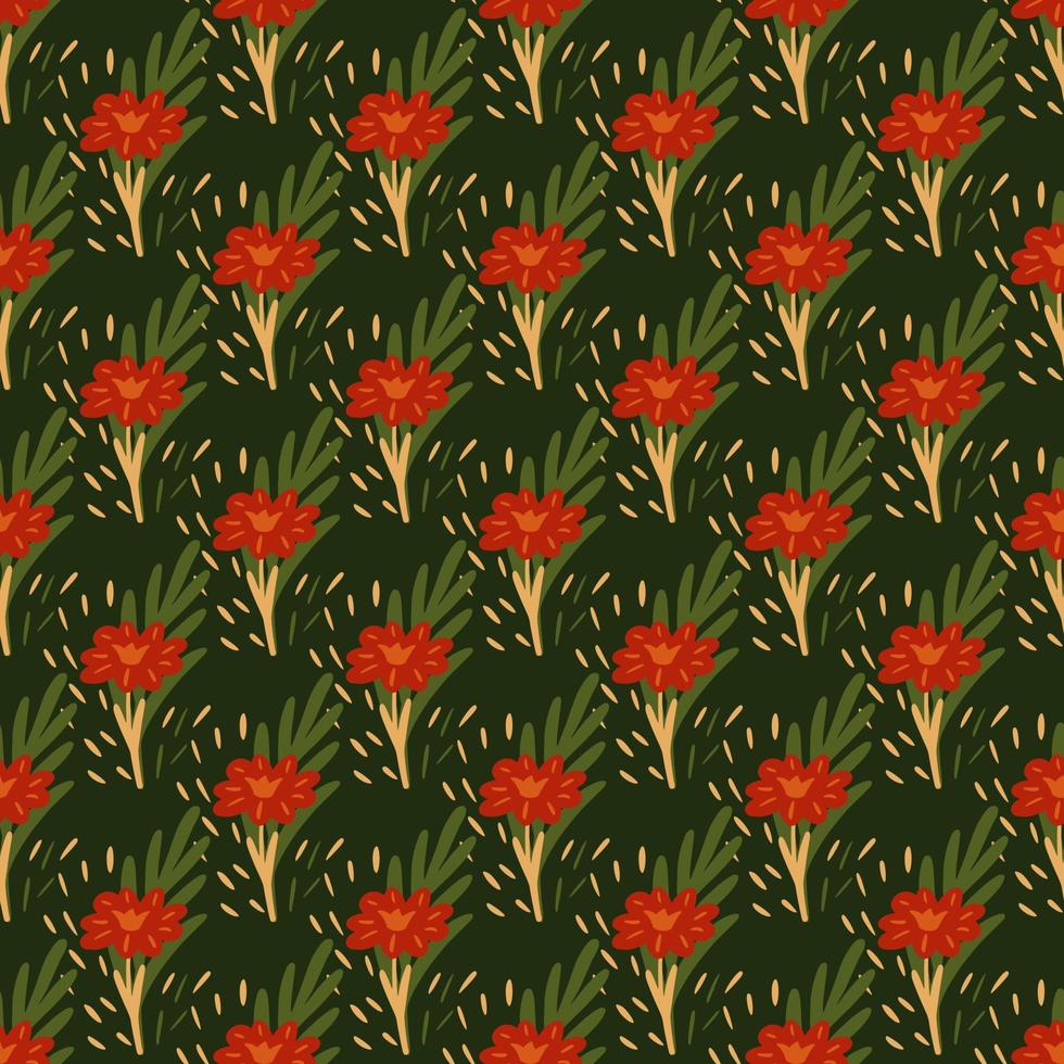 Seamless pattern with hand drawing wild flowers on dark green background. Vector floral template in doodle style. Gentle summer botanical texture.