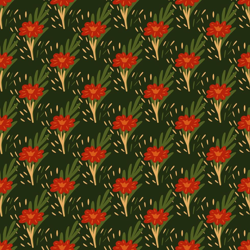 patrón impecable con flores silvestres dibujadas a mano sobre fondo verde oscuro. plantilla floral vectorial en estilo garabato. suave textura botánica de verano. vector