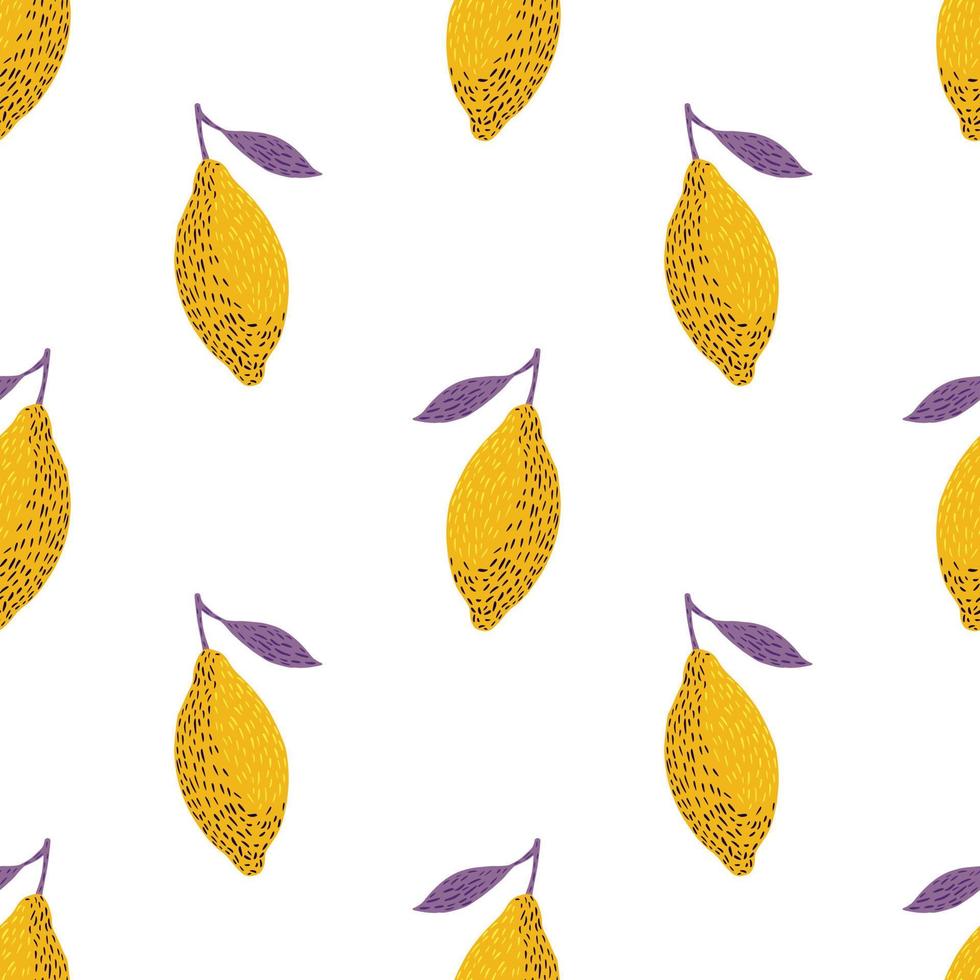 Isolated summer seamless pattern with lemon ornament. Yellow citrus fruits on white background. vector