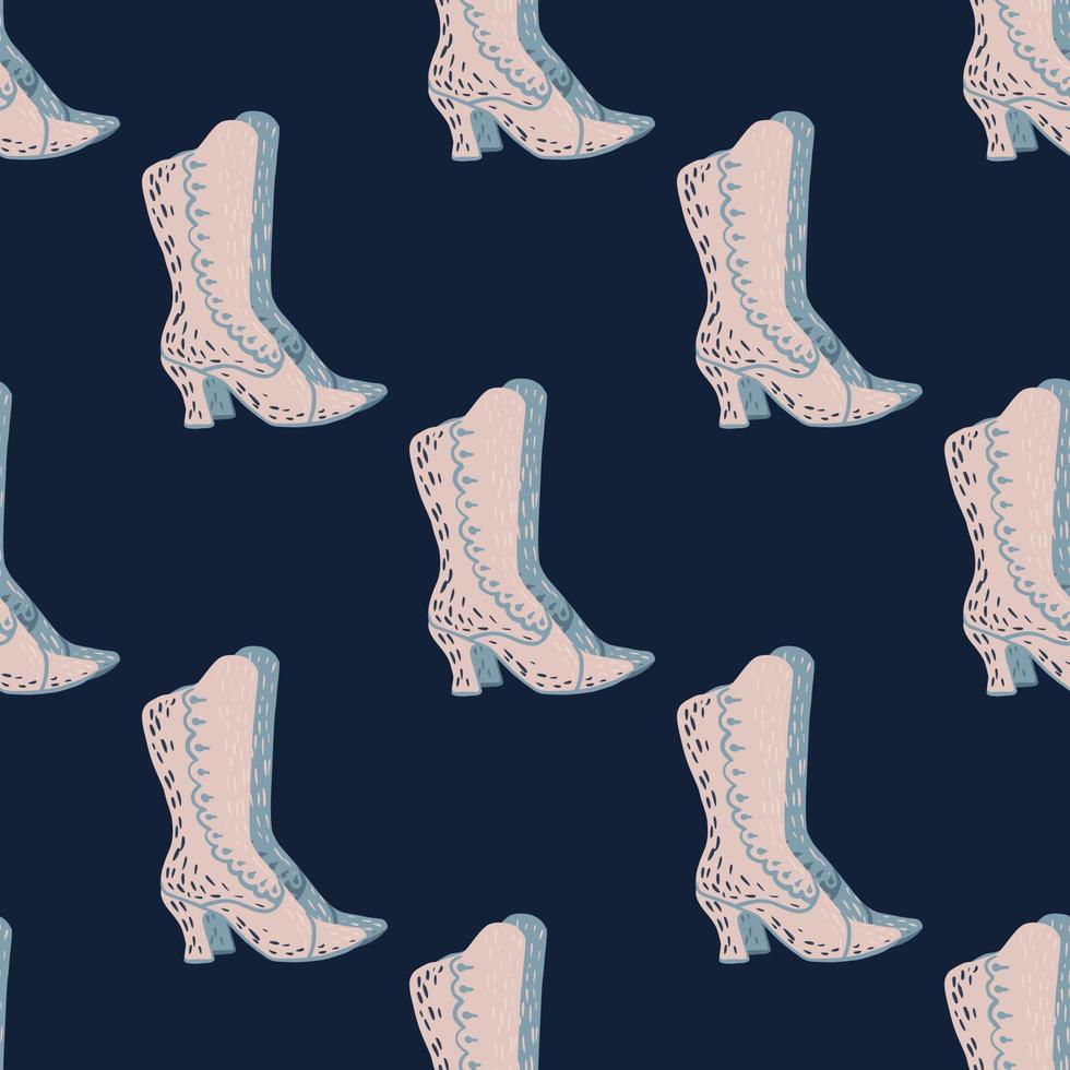 Abstract doodle seamless pattern with pink colored women elegance shoes print. Navy blue background. vector