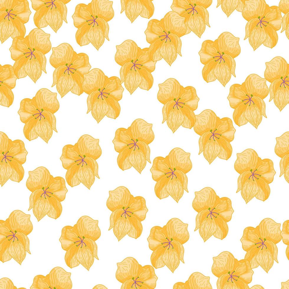 Summer isolated scrapbook seamless pattern with outline orange orchid flowers. White background. vector