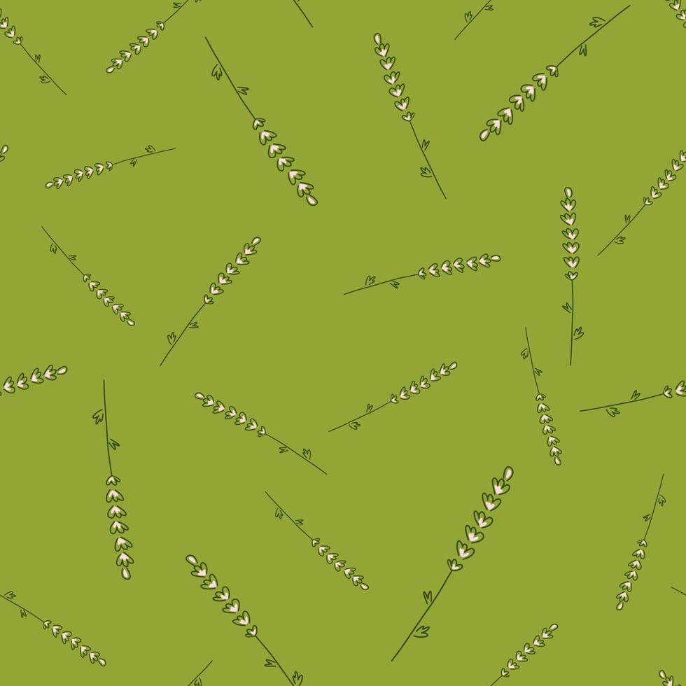 Contoured random lavender little branches seamless pattern. Green background. Organic aroma backdrop. vector