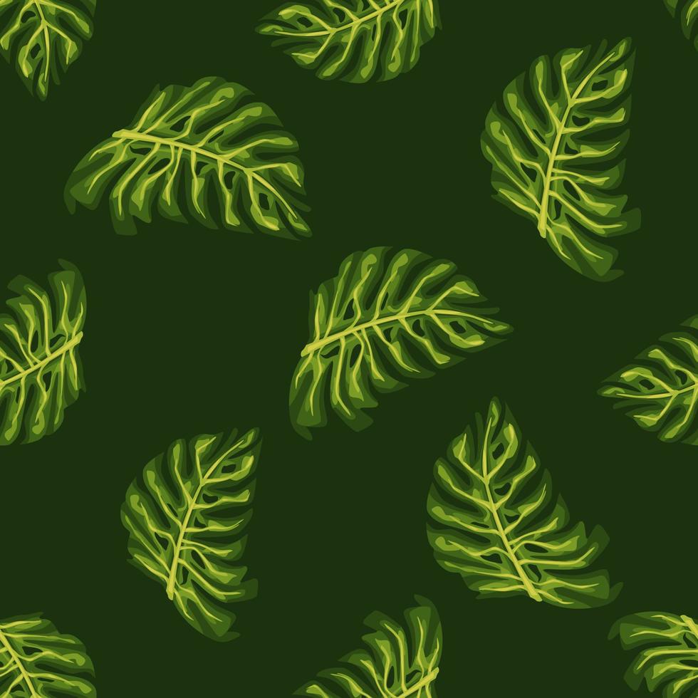 Exotic palm foliage seamless pattern with random green monstera leaf shapes. Black background. vector