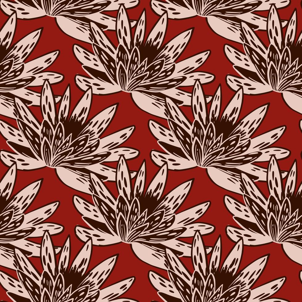 Seamless pattern with hand drawing lotus on red background. Vector big floral template in doodle style. Gentle summer botanical texture.