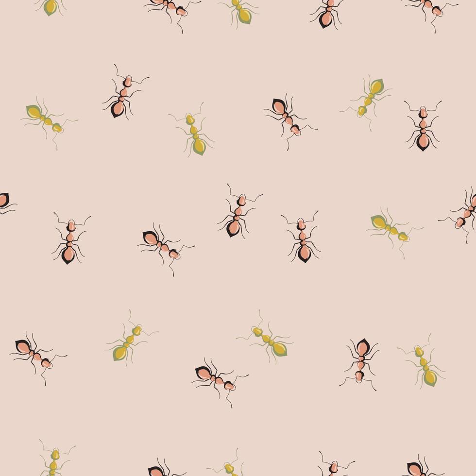 Seamless pattern colony ants on pastel pink background. Vector insects template in flat style for any purpose. Modern animals texture.