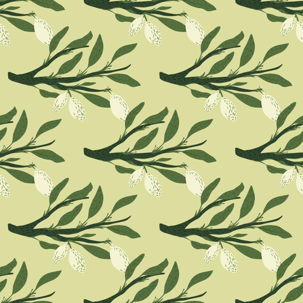 Summer harvest seamless citrus pattern with white lemon shapes and green leaves. Light pastel background. vector