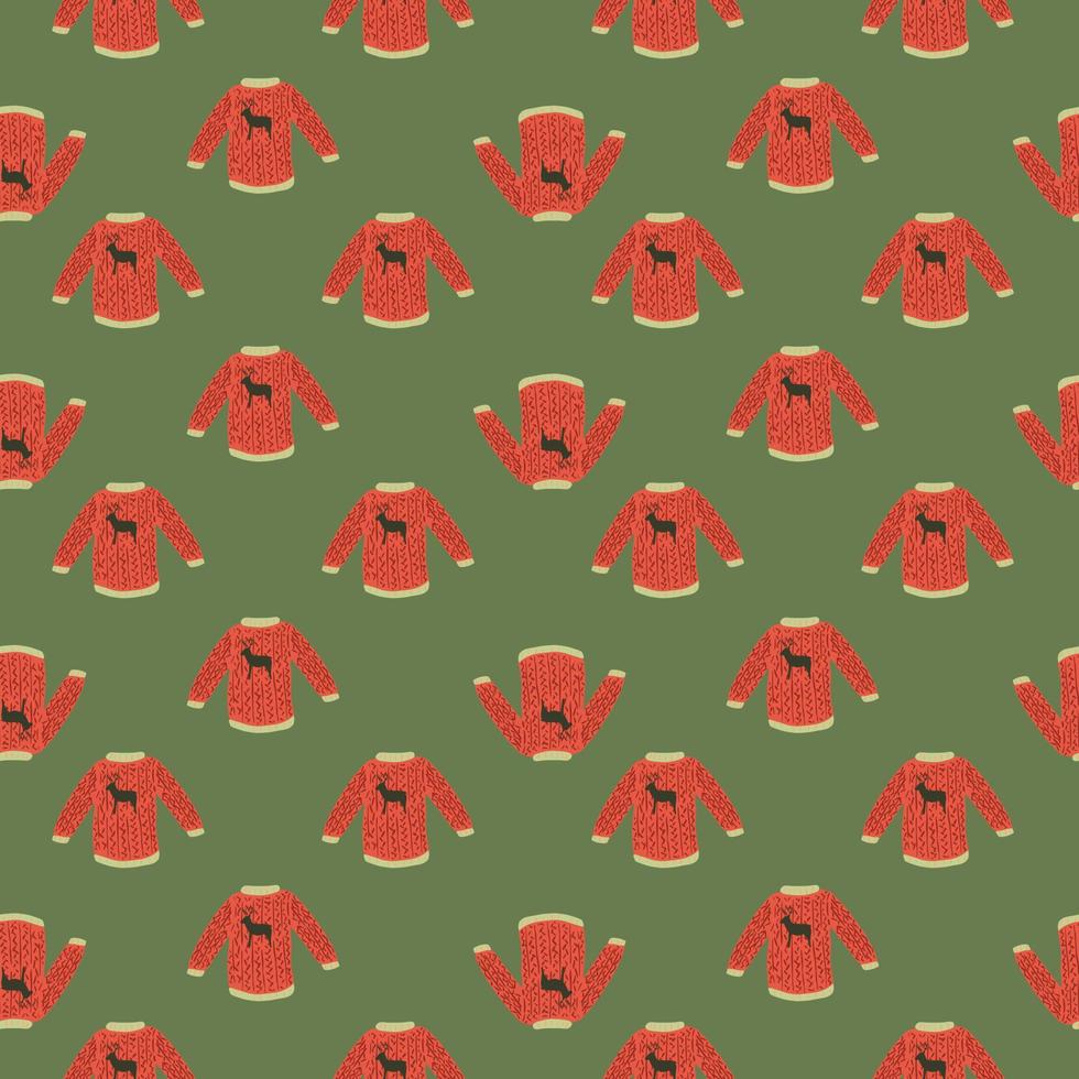 Abstract style seamless pattern with doodle red pullover print on green pale background. vector