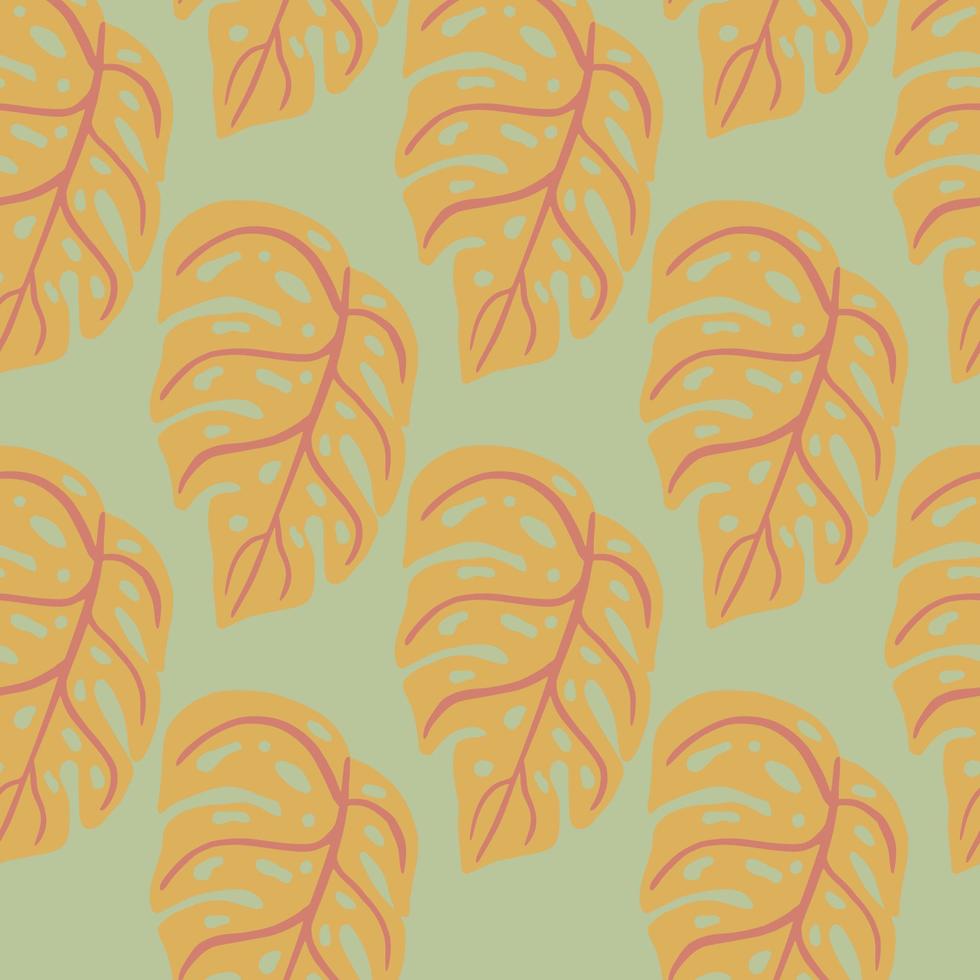 Pale tones seamless pattern with orange monstera foliage shapes. Tropic foliage print. Grey background. vector