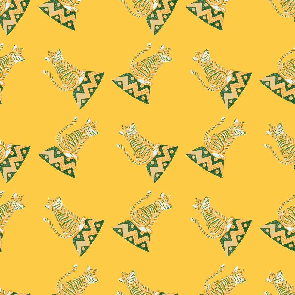 Abstract seamless pattern with doodle tiger circus silhouettes. Yellow bright background. vector