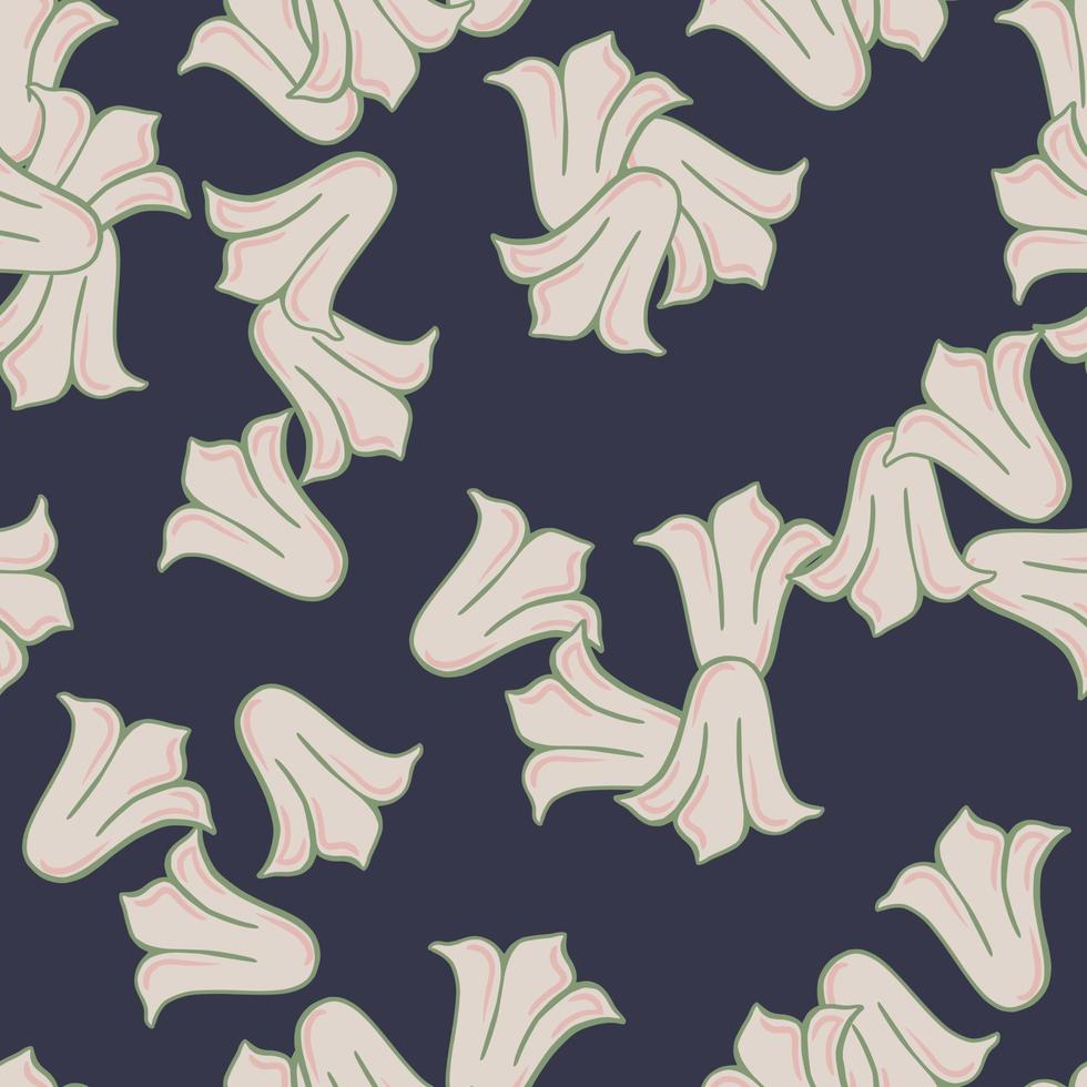 Dark abstract seamless pattern with grey random tulip buds flower elements. Navy blue background. vector