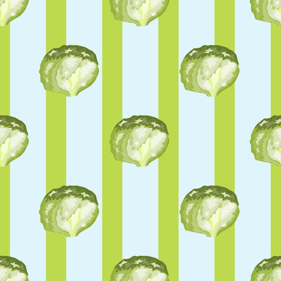 Seamless pattern iceberg salad on stripes background. Simple ornament with lettuce. vector