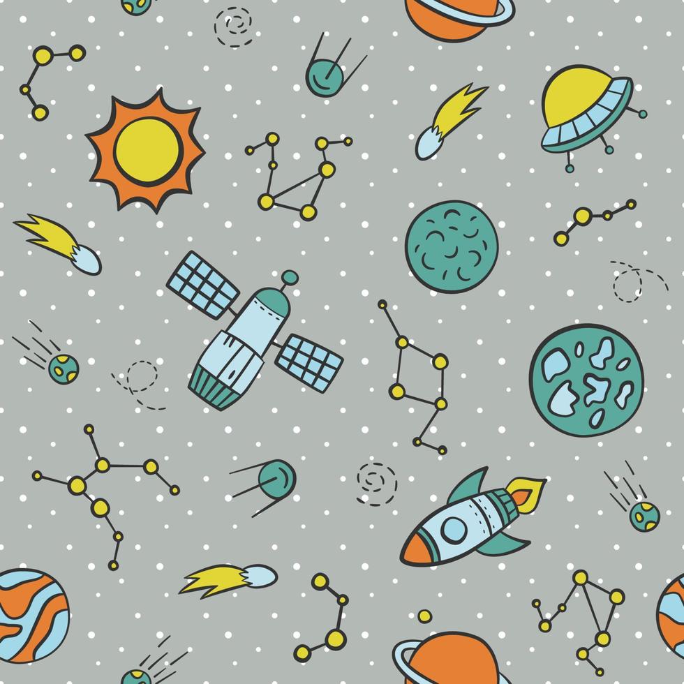 Space, planets, stars and rockets. Hand drawn seamless pattern in doodle style. Cosmos bakground. Vector illustration