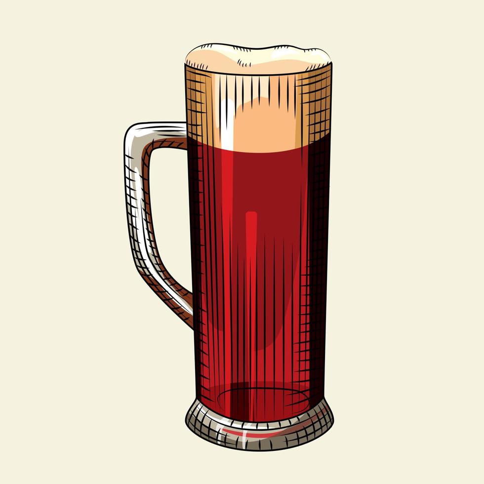 Full beer mug in hand drawn style. Glass of dark beer isolated on light background. vector