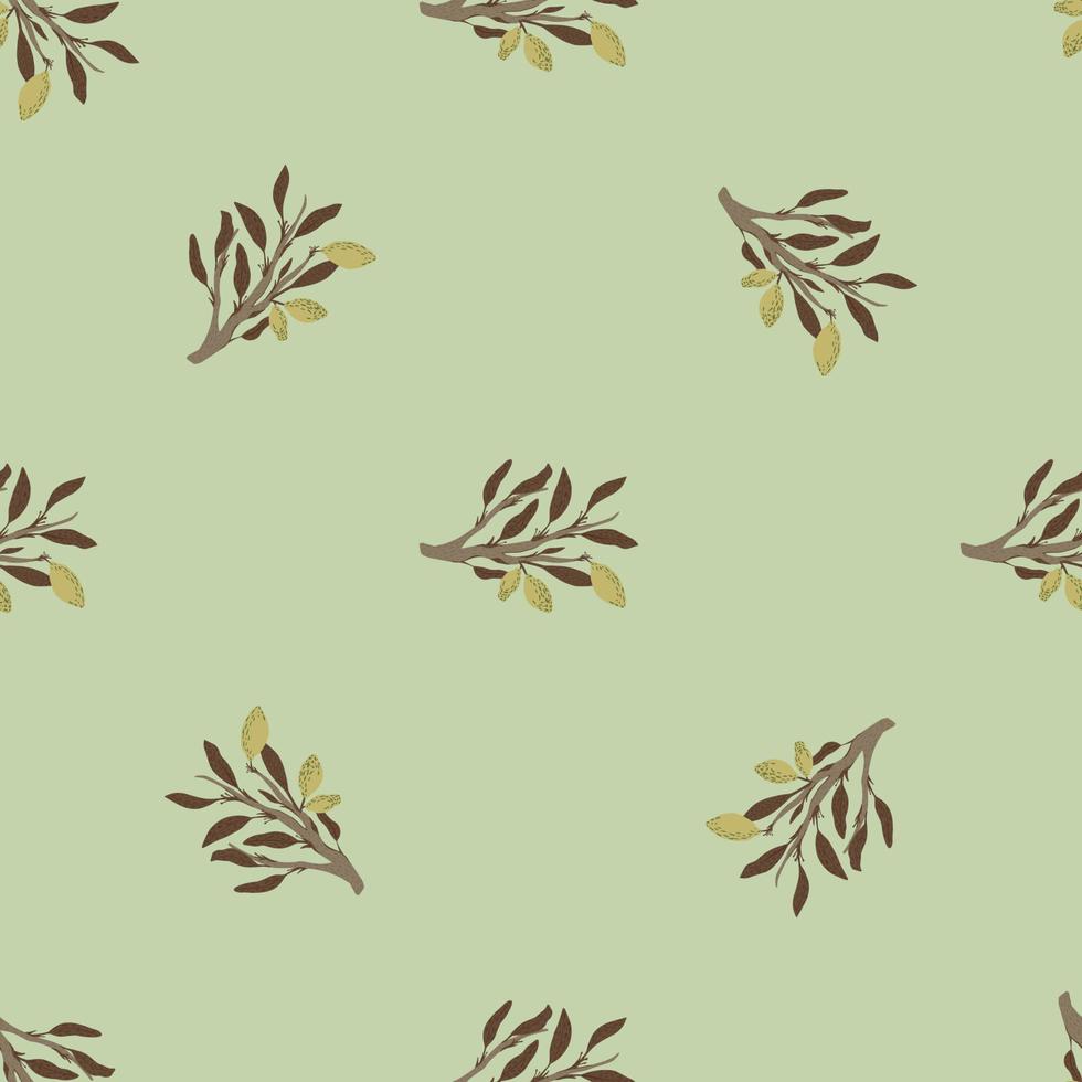 Minimalistic style seamless pattern with brown colored lemon fruit branches ornament. Pale background. vector