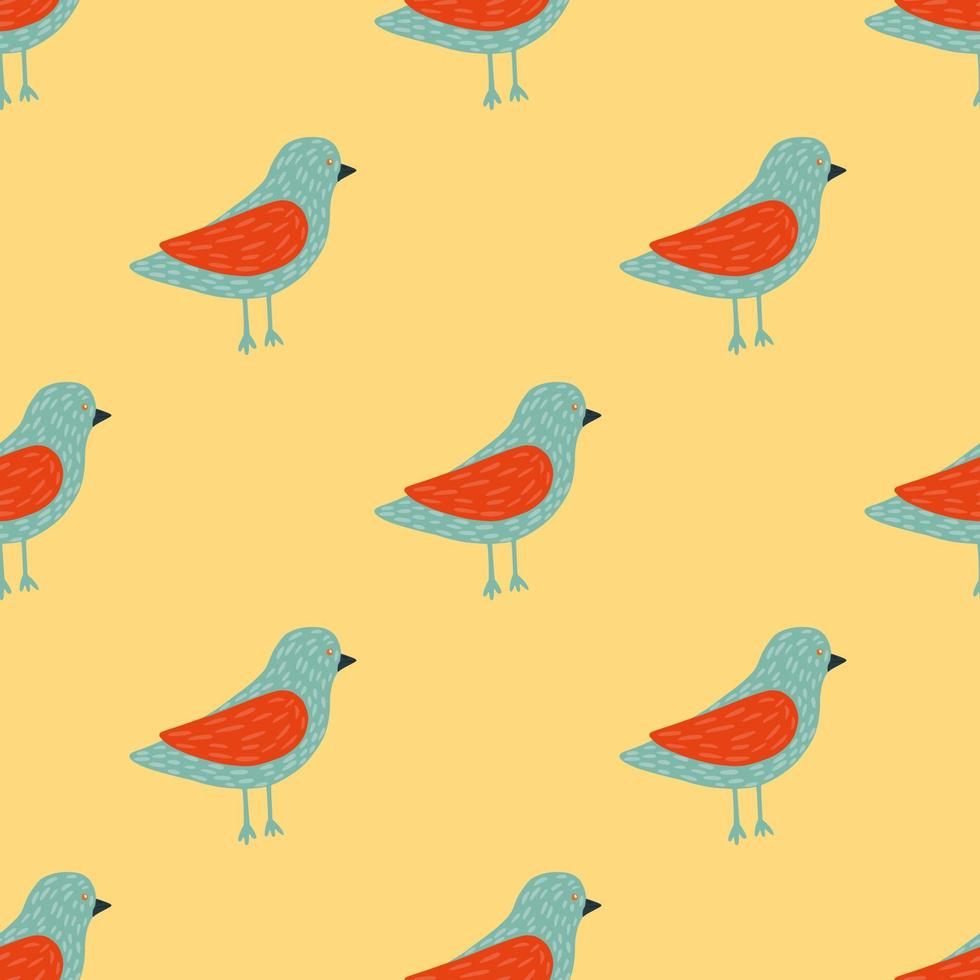 pájaros de color azul y rojo siluetas simples patrón sin costuras. fondo amarillo claro. vector