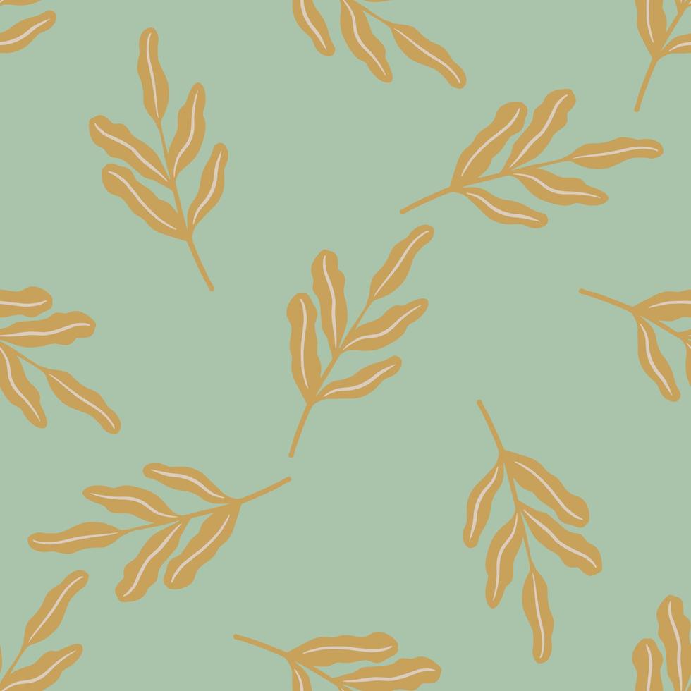 Pale tones floral seamless pattern with random foliage leaves orange silhouettes. Turquoise background. vector