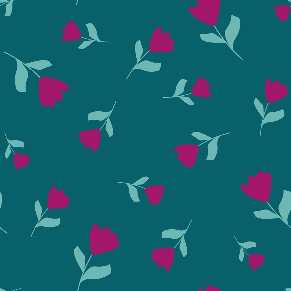 Random pink tulip flowers silhouettes seamless pattern. Turquoise background. Hand drawn ornament. vector