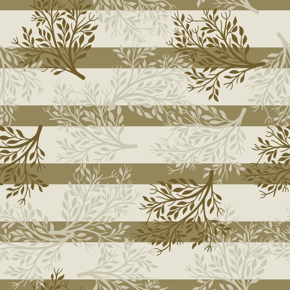 Random vintage seamless pattern with doodle tree silhouettes ornament. Grey and brown striped background. vector