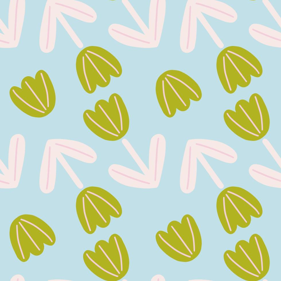 Doodle seamless pattern with green abstract tulip flower shapes. Blue background. Hand drawn style. vector