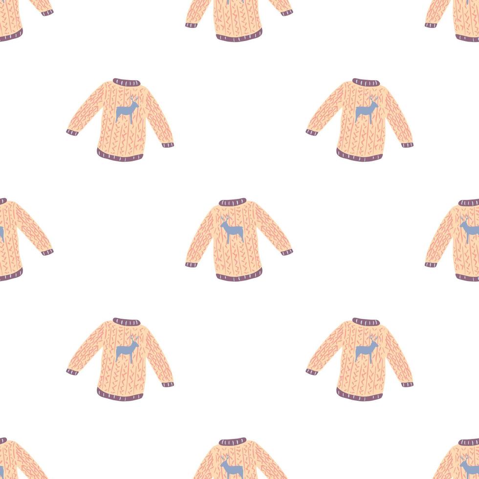 Seamless christmas isolated print with sweater simple silhouettes. Pink pullover backdrop. vector