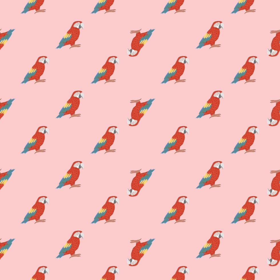 Cute childish seamless animal pattern with red parrot ara ornament. Pink background. Bird doodle artwork. vector