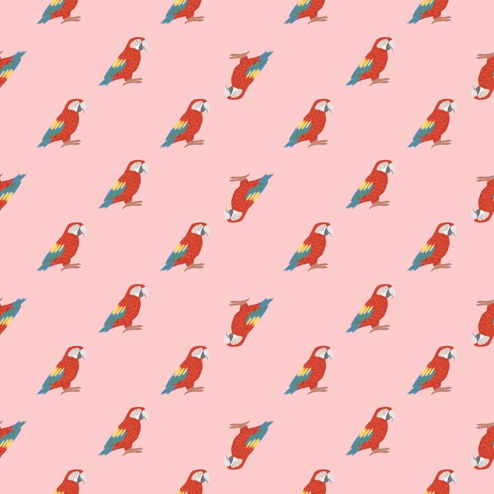 Cute childish seamless animal pattern with red parrot ara ornament. Pink background. Bird doodle artwork. vector