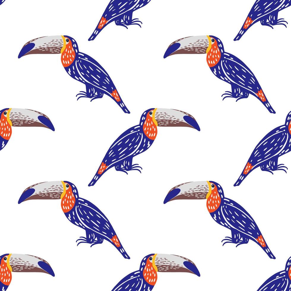 Isolated cartoon seamless pattern with bright navy blue toucan shapes. White background. vector