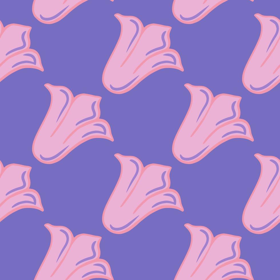 Seamless pattern with pink simple tulip buds silhouettes ornament. Blue background. Doodle style. vector