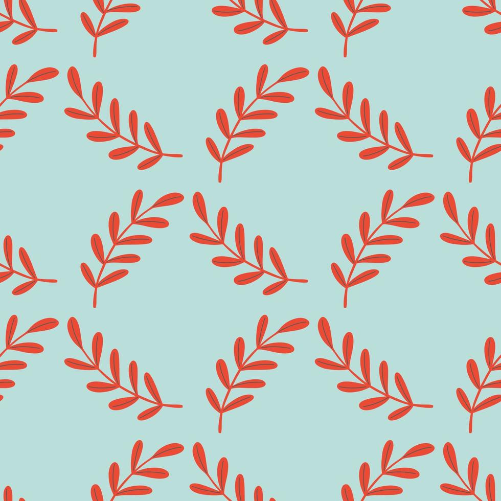 Geometric style seamless doodle pattern with red leaves branches elements. Blue pastel background. vector