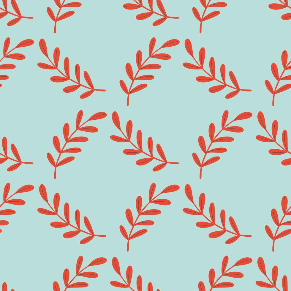 Geometric style seamless doodle pattern with red leaves branches elements. Blue pastel background. vector