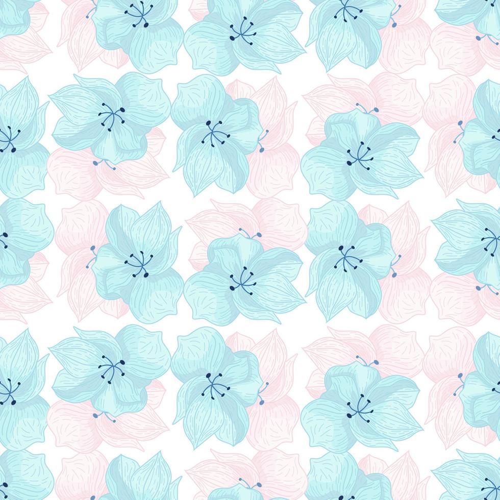 flor de patrones sin fisuras con estampado de elementos de flores azules. formas de orquídeas sobre fondo blanco. vector