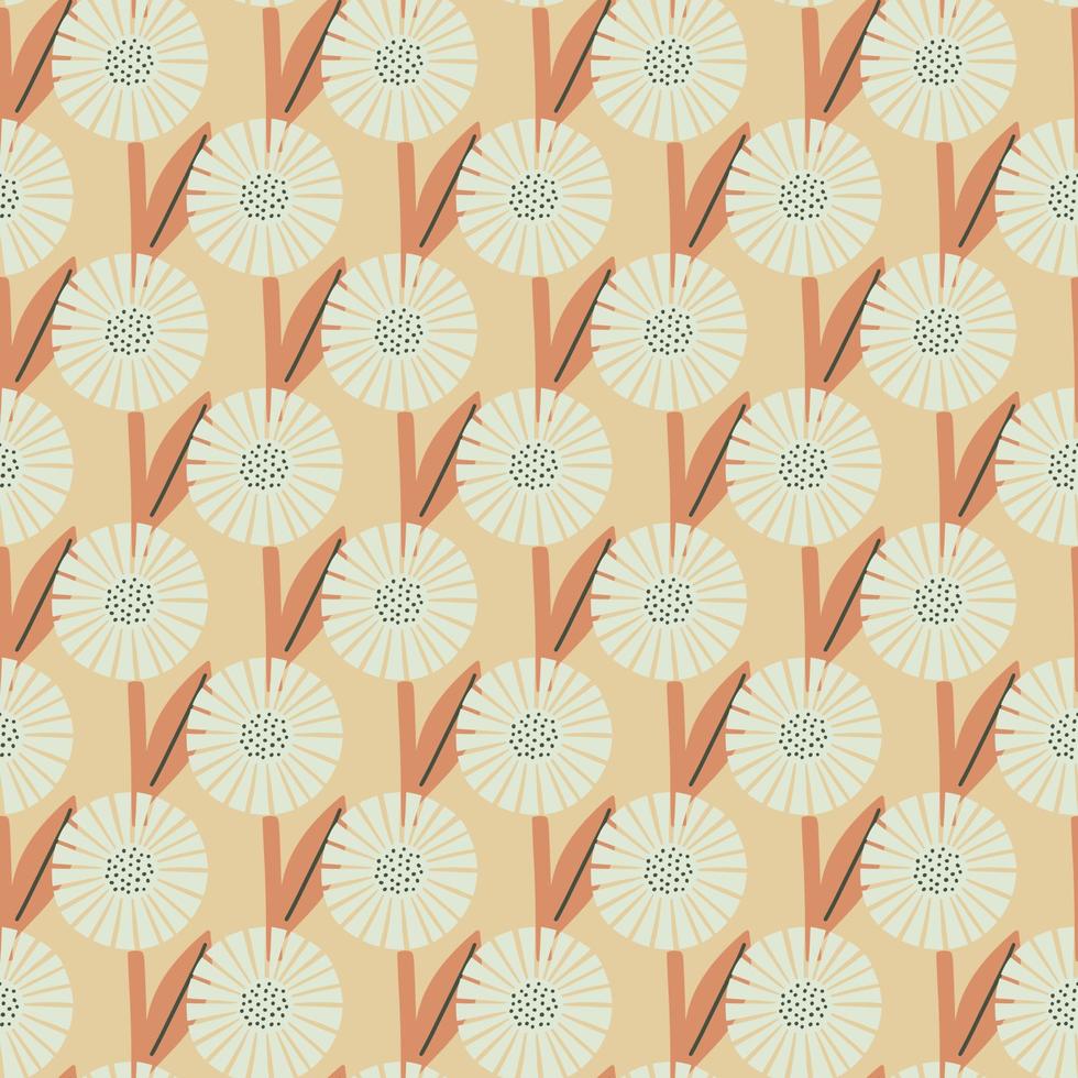 Nature seamless pattern with white doodle flowers silhouettes print. Pastel orange background. vector