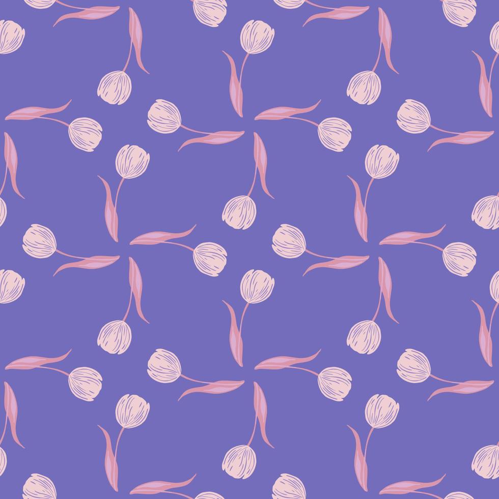 Romantic floral seamless pattern in geometric style with pink tulip bud flowers print. Pastel blue background. vector